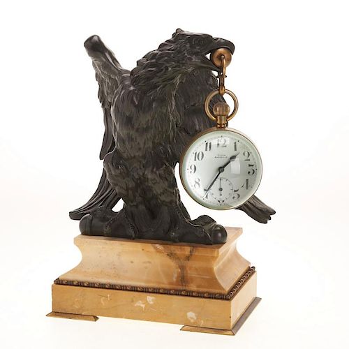 Oudin glass desk watch with bronze eagle stand