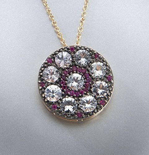 14K rose gold, white sapphire and ruby necklace.