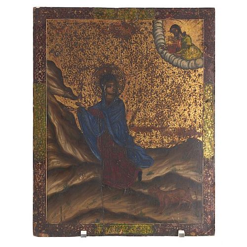 Greek polychrome wood icon of a female saint