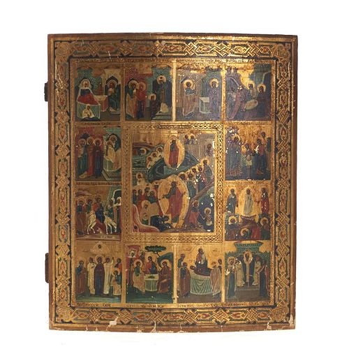 Russian polychrome wood icon of Life of the Virgin