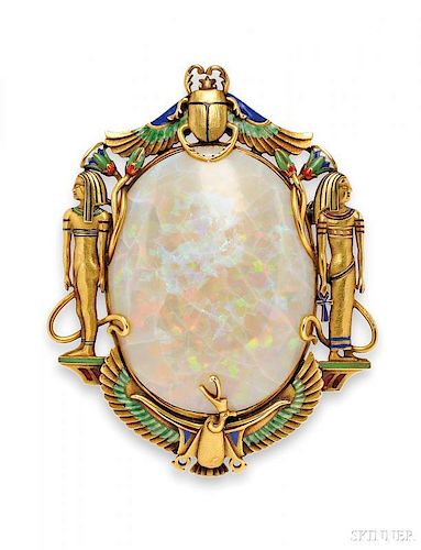 Egyptian Revival 14kt Gold, Opal, and Enamel Brooch, Marcus & Co.