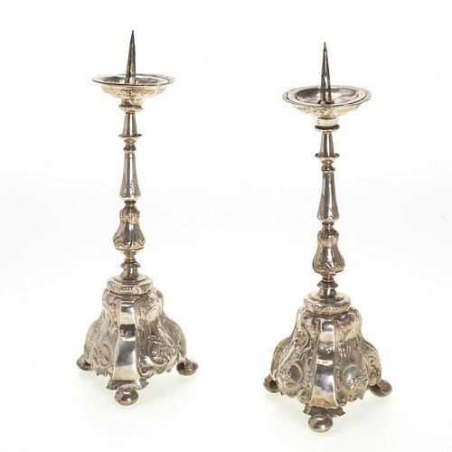 Pr Continental Rococo silver candle prickets