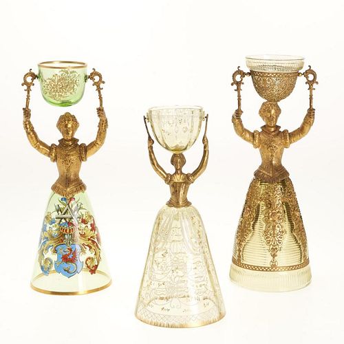 (3) Continental gilt metal and glass marriage cups