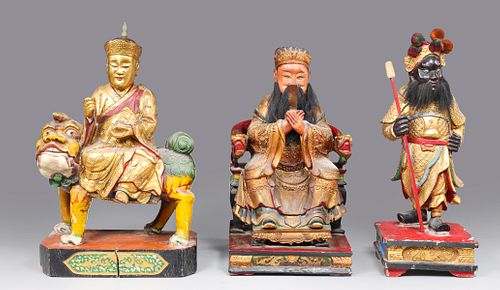 Group of Three Antique Chinese Carved Wood & Gilt Figures