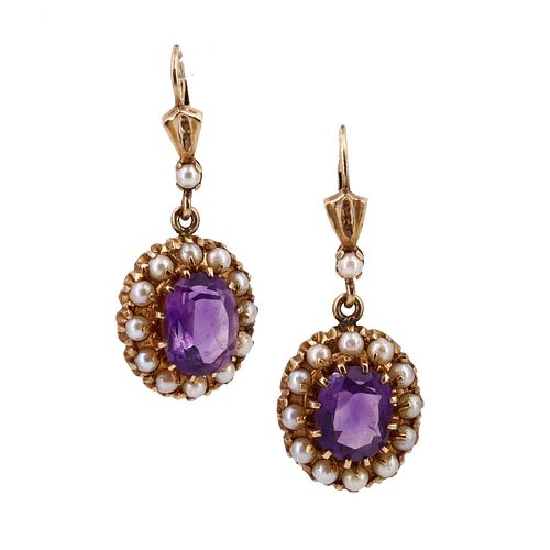 Victorian 18k Gold Earrings with micro pearls & Amethysts