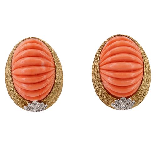 Mid century Coral & Diamonds 18k Gold Ear clips