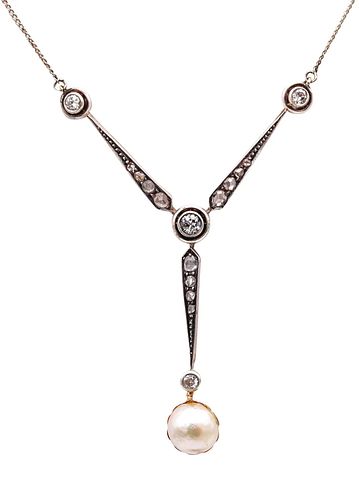 Edwardian Pearl Necklace In 18Kt Gold With Diamonds
