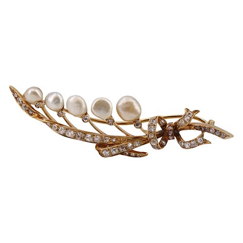 Diamonds & Natural Pearls 18k Gold Antique Brooch