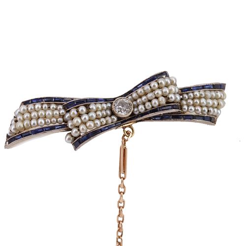 Art deco Sapphires & Pearls Bow Brooch in 14k/18k Gold