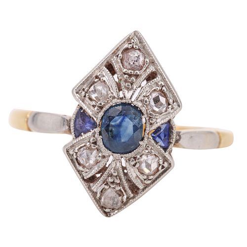 Art Deco Platinum & 18k Gold Ring with Sapphire and Diamonds