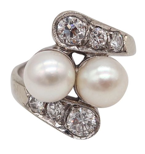 Art Deco Toi Et Moi Pearls Ring In 14K Gold With 1.0 Cts In Diamonds