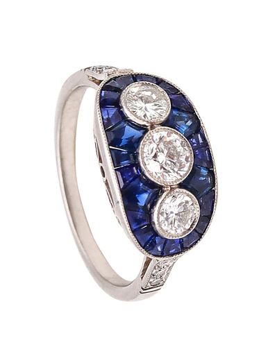 Art Deco Ring In Platinum With 3.06 Cts In Diamonds & Sapphires