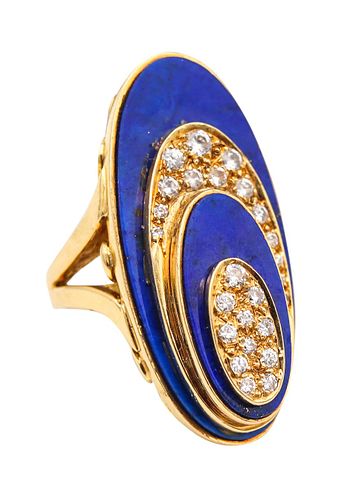 Modernist Italian Cocktail Ring In 18Kt Gold With Diamonds & Lapis 