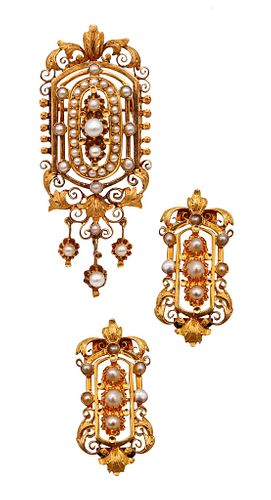 French Etruscan Revival Pendant Earrings In 19Kt Gold With Natural Pearls