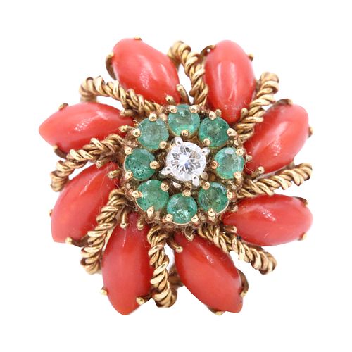 Antique coral, Diamond & Emerald Ring