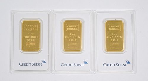 (3) Valcambi Credit Suisse Fine Gold 1 Troy Oz. Bars.