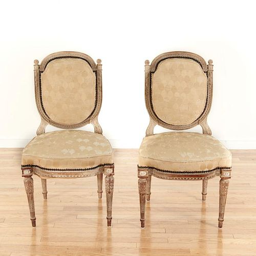 Pair Directoire style limed wood side chairs