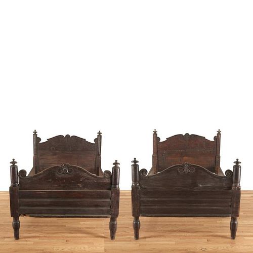 Pair Italian Baroque carved oak beds