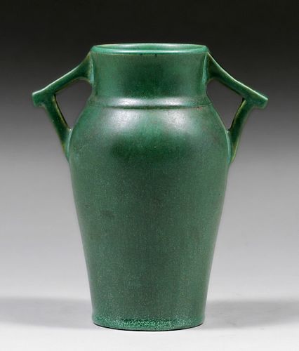 Alberhill Pottery Alexander W. Robertson Matte Green Two-Handled Vase 1914