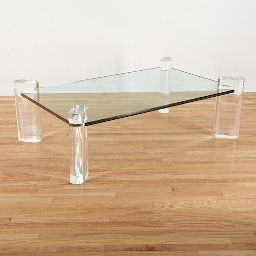 Signed Karl Springer glass, Lucite coffee table