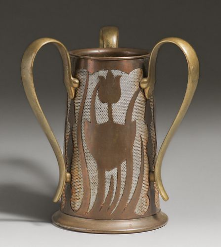Arts & Crafts Art Nouveau Three-Handled Copper & Brass Vase c1910