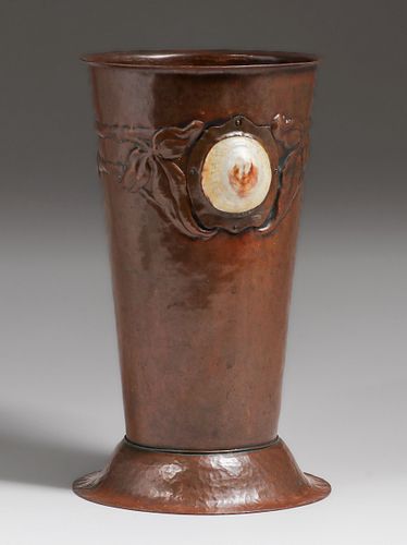 The Rokesley Shop - Cleveland, OH Hammered Copper & Sea Shell Vase c1904-1920