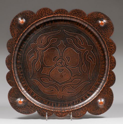 Arts & Crafts Hammered Copper Acid-Etched Scalloped Tray c1910