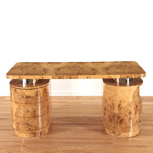 Designer chrome and burl wood pedestal desk