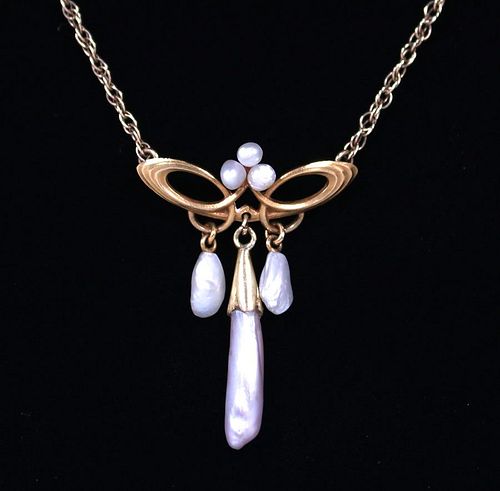 Art Nouveau 14k Gold Blister Pearl Pendant Necklace c1905