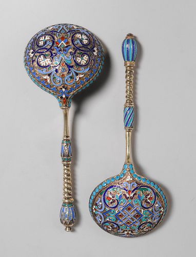 Gustav Klingert Russian Imperial Silver & Enamel Set of 2 Serving Spoons 1887
