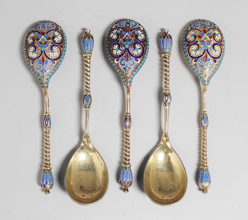 Gustav Klingert Russian Imperial Silver & Enamel Set of 5 Spoons 1887