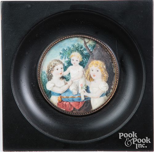 Miniature watercolor portrait of three children
