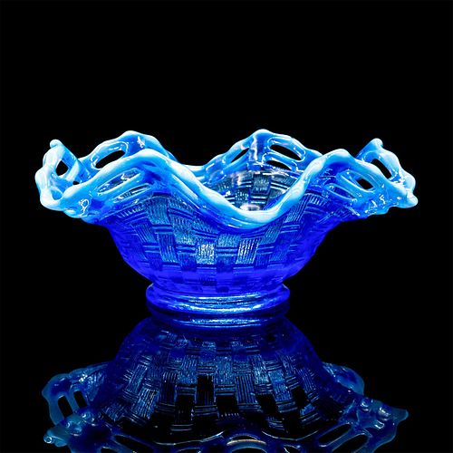 Vintage Fenton Glass Bon Bon Bowl, Basketweave Blue