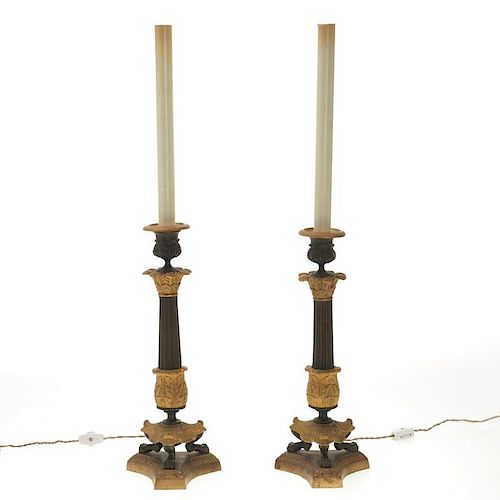 Pair French Empire style gilt bronze candlesticks