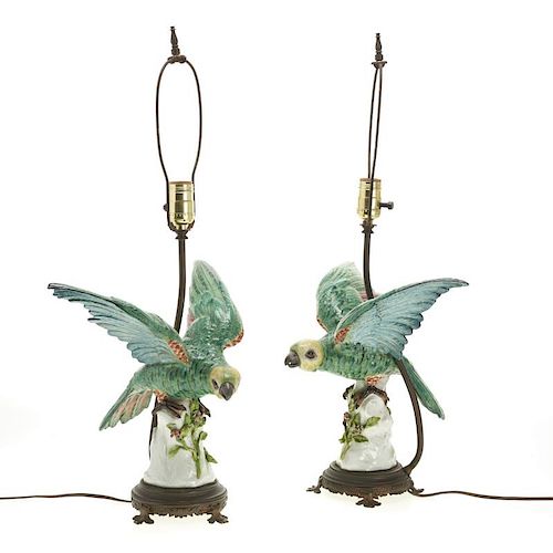 Pair Samson porcelain bird table lamps