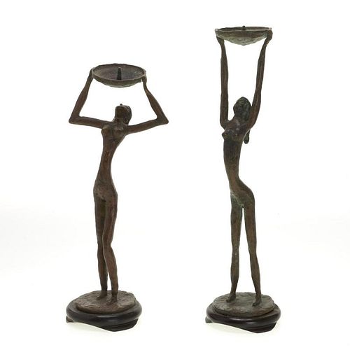 Pair Mid-Century figural bronze candlesticks