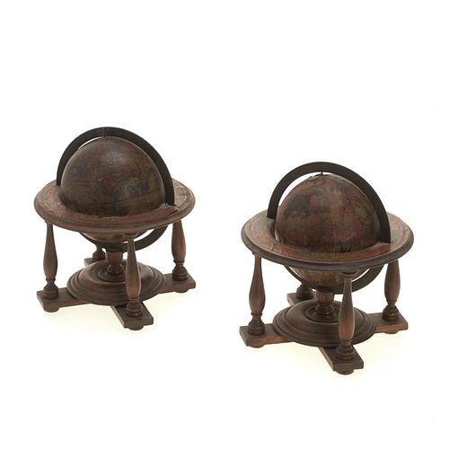 Pair miniature terrestrial, celestial table globes