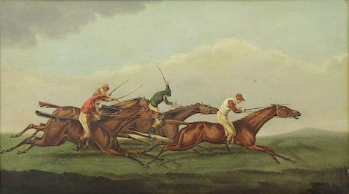 English School. 19th C. Oil on Panel Horse Racing