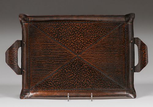 Arts & Crafts Hammered Copper Two-Handle Rectangular Tray c1910