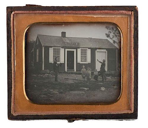 Sixth Plate Outdoor Daguerreotype Showing Men & Children Outside a Post Office in Northern Connecticut 