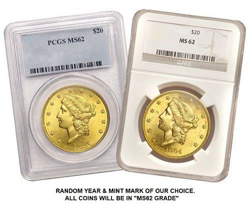 Ten (10) $20 Gold Liberty Head PCGS/ NGC MS62