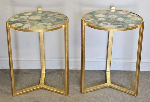Modern Pair of Green Agate Top Side Tables.