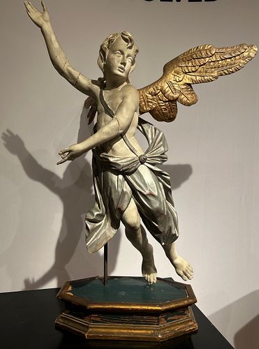 Carved Wood Winged Angel on Stand