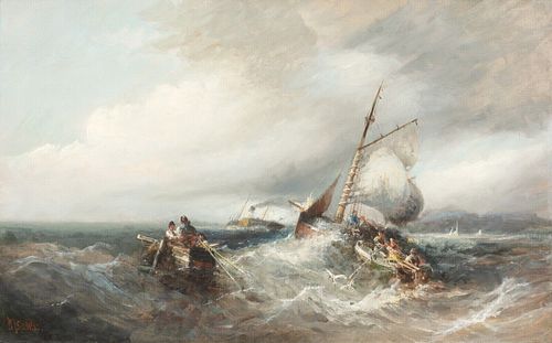 SHIPS IN A STORM OFF OF ISLE OF MAN OIL PAINTING