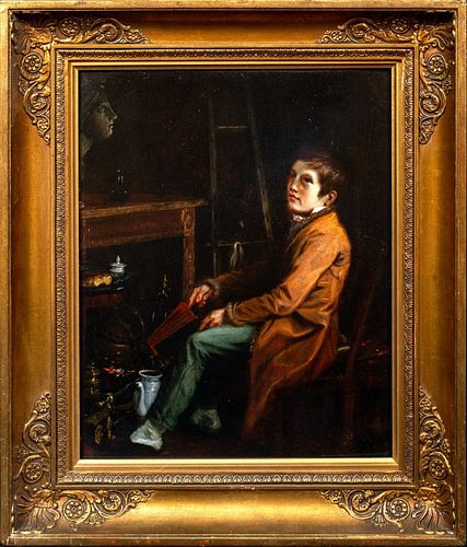  PORTRAIT OF A BOY IN AN ARTISTS STUDIO OIL PAINTING