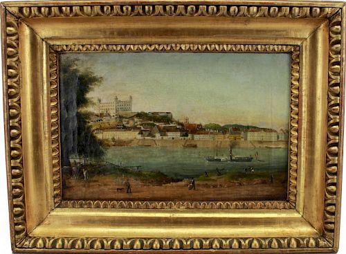 Signed 19th C. Hungarian School Harbor Painting