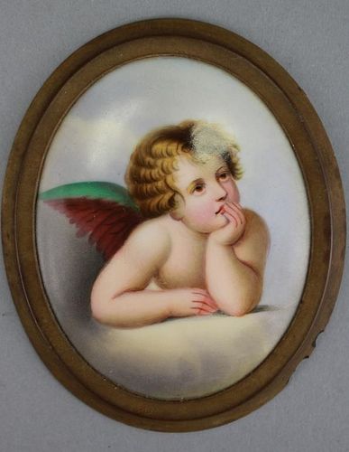 Antique French Porcelain Painted Plaque of Cherub