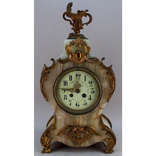 Antique French Onyx/Bronze Mounted Mantel Clock