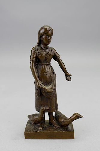 Signed Antique Bronze Dutch Girl w/ Geese
