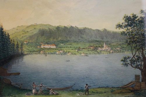 Antique Signed German School Mountain Lake Scene